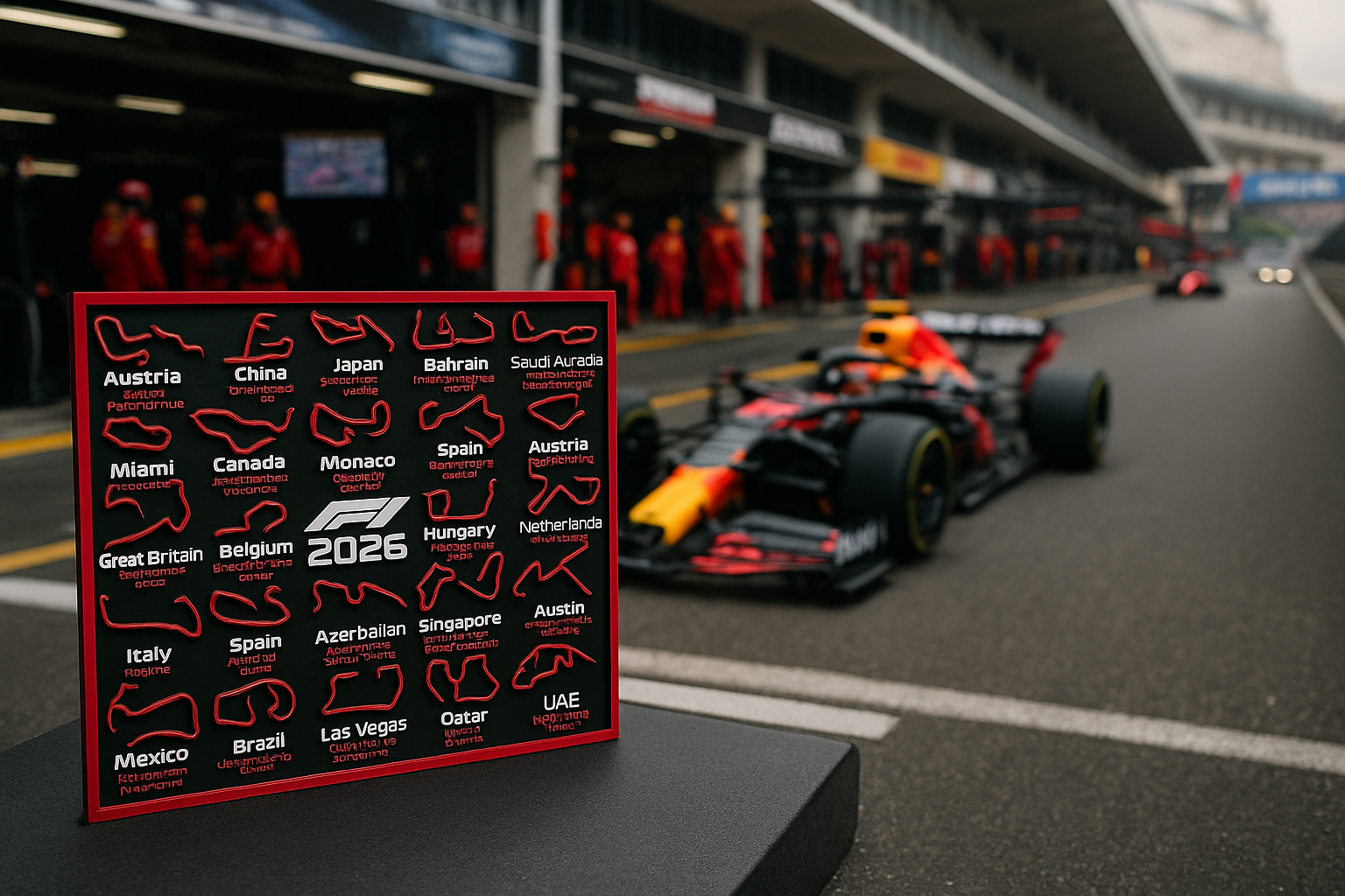3D-geprinte F1-kalender voor het raceseizoen 2026
